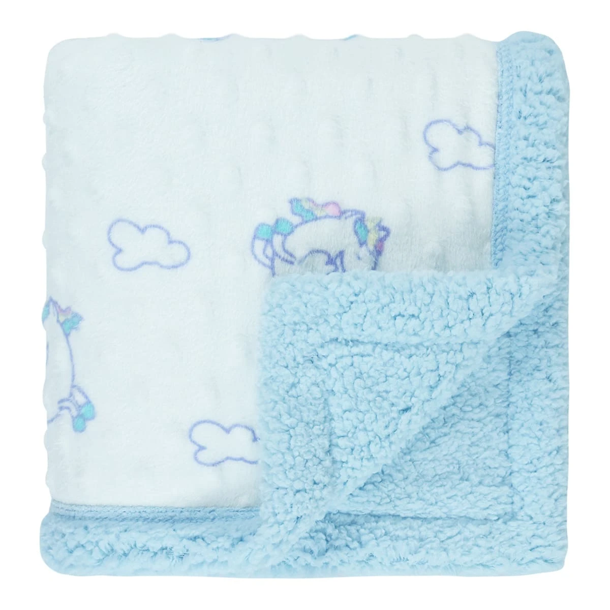 Unicorn and Cloud Printed Dimple Touch Velfleece Reversible Sherpa Baby Blanket (Blue)