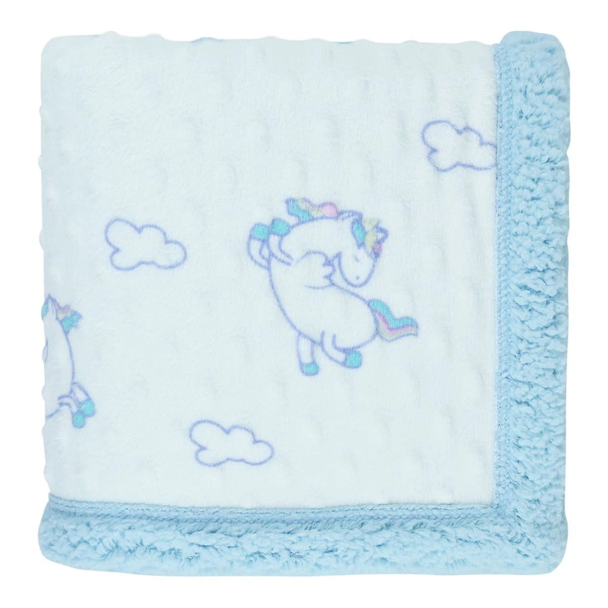 Unicorn and Cloud Printed Dimple Touch Velfleece Reversible Sherpa Baby Blanket (Blue)