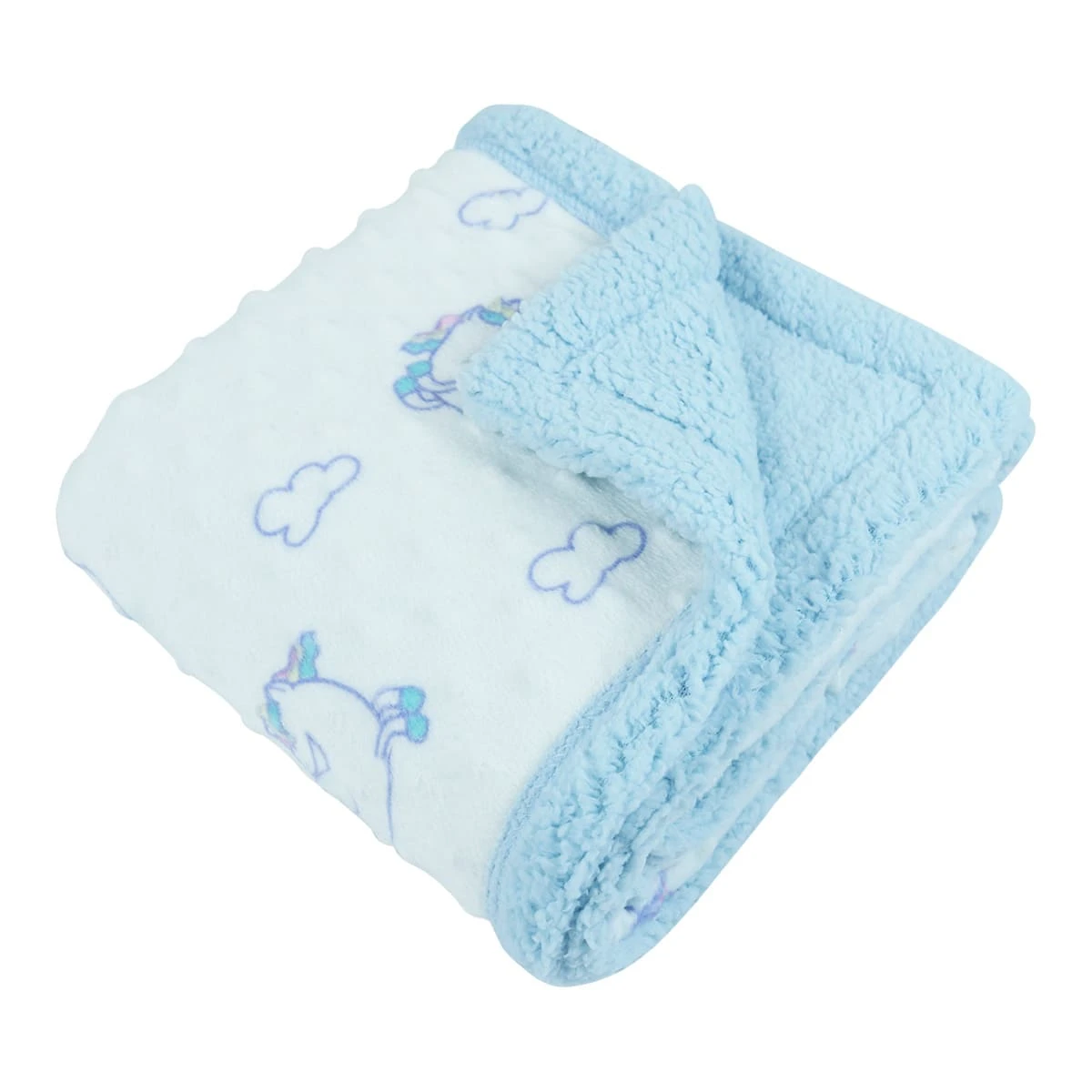 Unicorn and Cloud Printed Dimple Touch Velfleece Reversible Sherpa Baby Blanket (Blue)