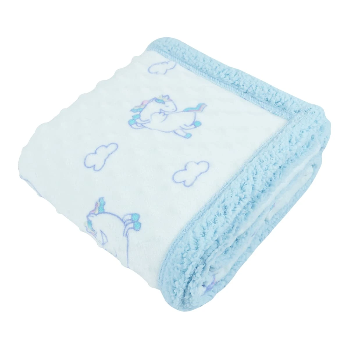 Unicorn and Cloud Printed Dimple Touch Velfleece Reversible Sherpa Baby Blanket (Blue)