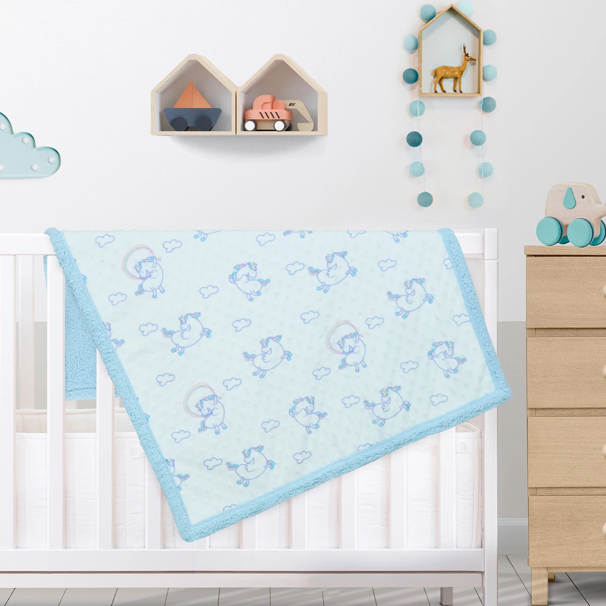 Unicorn and Cloud Printed Dimple Touch Velfleece Reversible Sherpa Baby Blanket (Blue)