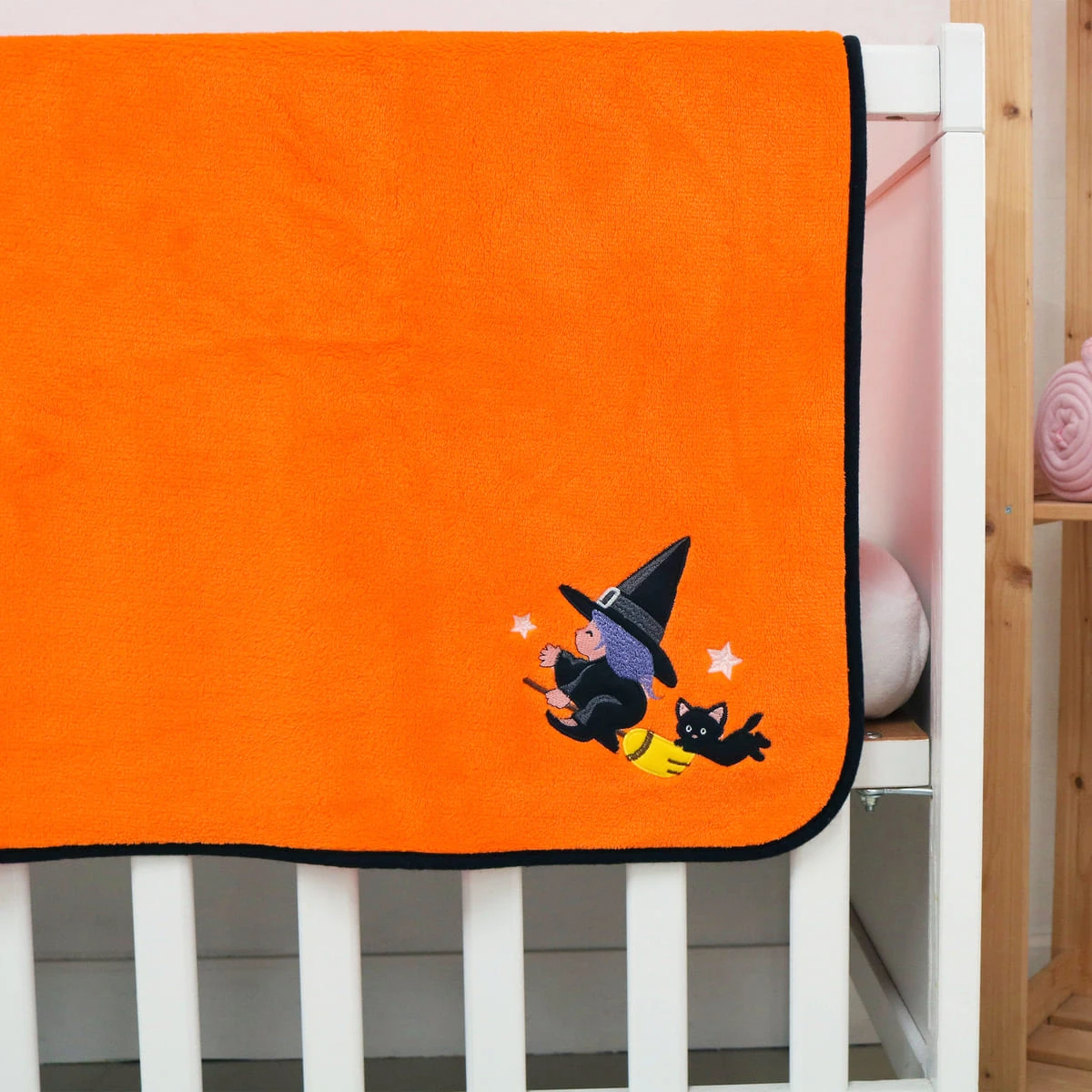 Witch and Cat Halloween Embroidery Velour Baby Blanket (Orange)