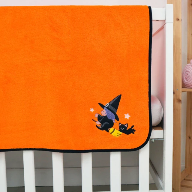 Witch and Cat Halloween Embroidery Velour Baby Blanket (Orange)