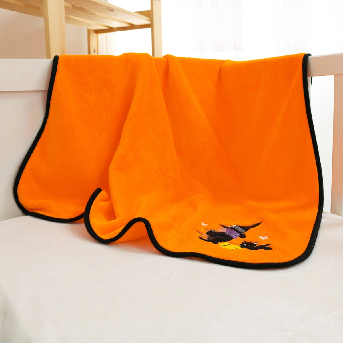 Witch and Cat Halloween Embroidery Velour Baby Blanket (Orange)