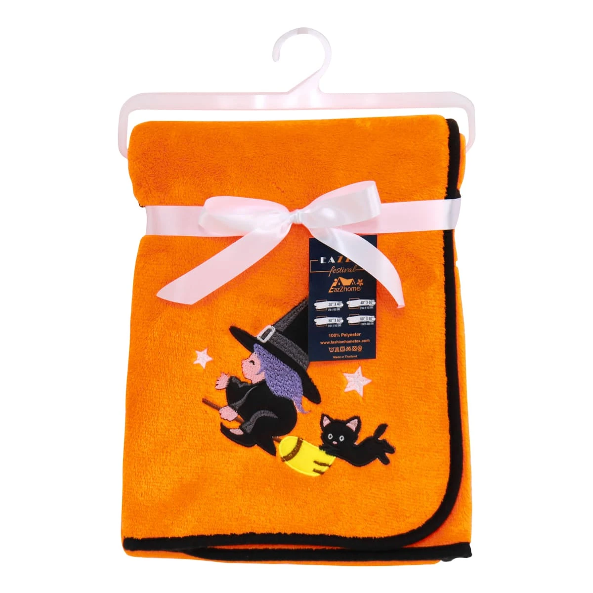 Witch and Cat Halloween Embroidery Velour Baby Blanket (Orange)