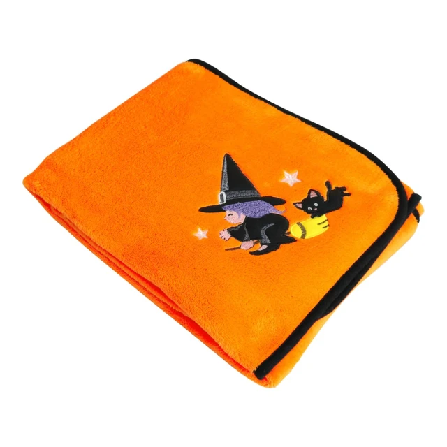 Witch and Cat Halloween Embroidery Velour Baby Blanket (Orange)