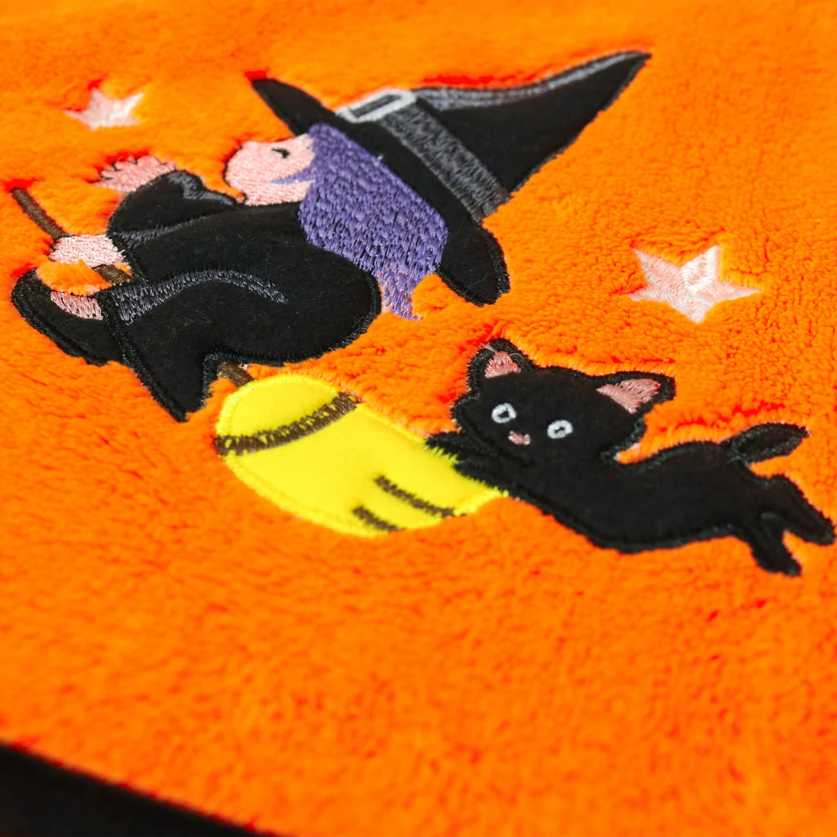 Witch and Cat Halloween Embroidery Velour Baby Blanket (Orange)